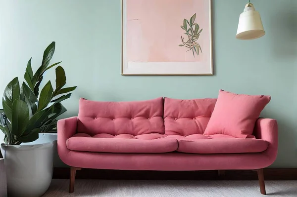 Knot pillow on a designer, emerald green mattress sofa in a living room interior with industrial furniture, a retro powder pink chair and plants