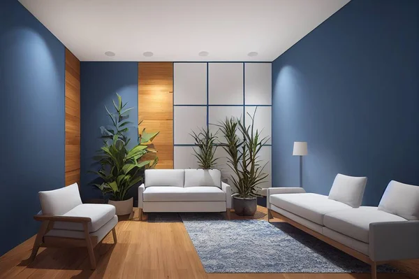 Cadet blue wall interior with indoor plant and wood floor, 3D Rendering