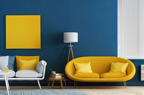 Yellow and blue painting hanging on white wall in bright living room interior with grey cupboard, gold lamp, sofa with blanket and pillows, and bike standing under window with blinds