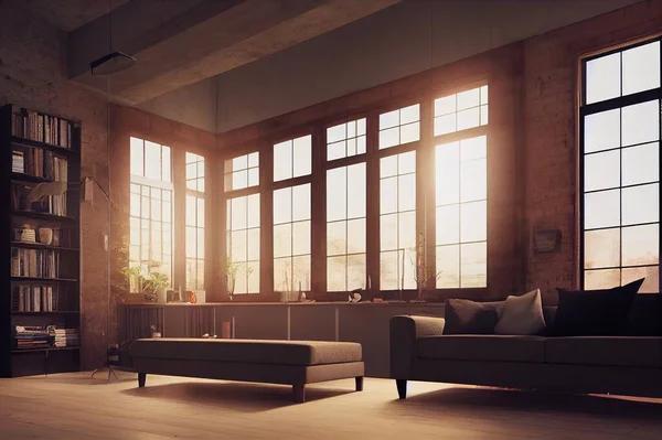 Living room interior in loft, industrial style, 3d render