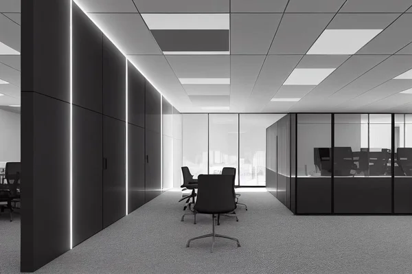 CEO office interior with black frame glass wall partitions, LED linear lights, two on trend cabinets, office desk and comfy waiting area. A concept of modern panoramic office building. 3d rendering