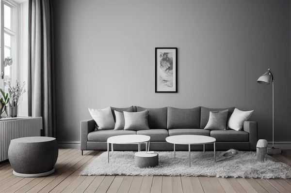 Cozy gray living room in Scandinavian boho design, 3d render, 3d illustration