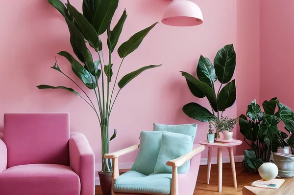 Pink lamp above wooden table and armchair in pastel living room interior with plants. Real photo