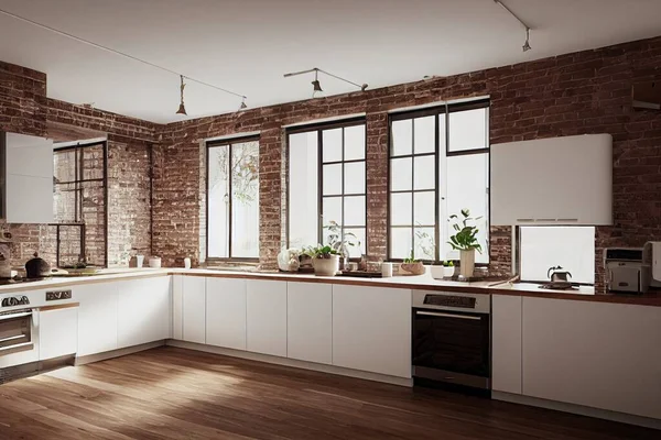 Interior of stylish kitchen with white and brick walls, wooden floor, beige countertops with built in sink and cooker, white cupboard and picture with New York cityscape. 3d rendering