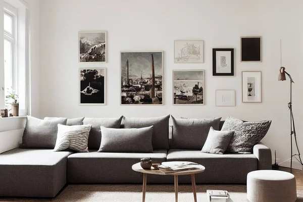 Creative interior composition of cozy living room with mock up poster frame and structure painting, corner sofa, coffee table, textile and personal accessories. Scandinavian classic style.