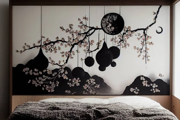 Bright and simple bedroom interior with asian style tatami mat bed, cherry blossom, moon painting on white wall and black lanterns. Real photo