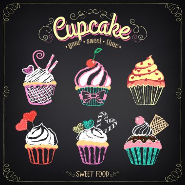 Cupcake collection. Chalking, freehand drawing
