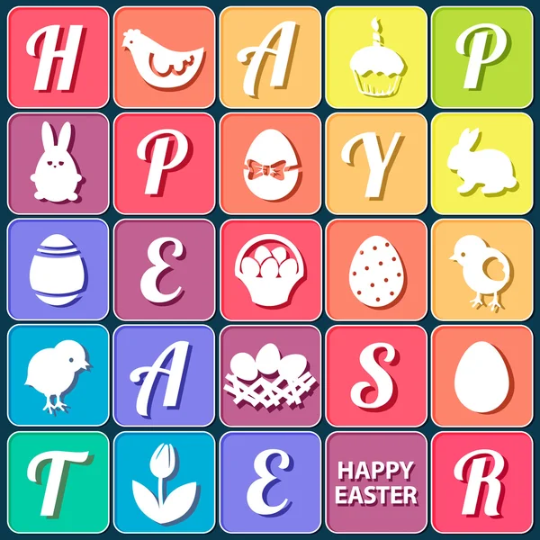 Conjunto de Páscoa - coelhos, ovos, cesta, letras e outros elementos gráficos —  Vetores de Stock