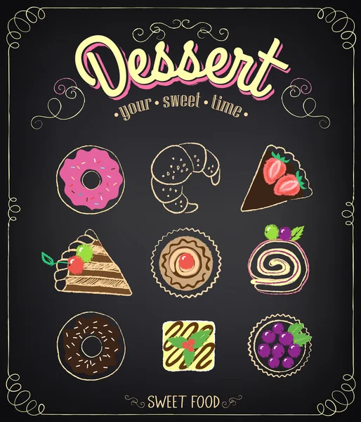 Zoet dessert instellen op een schoolbord. dessertkaart — Stockvector