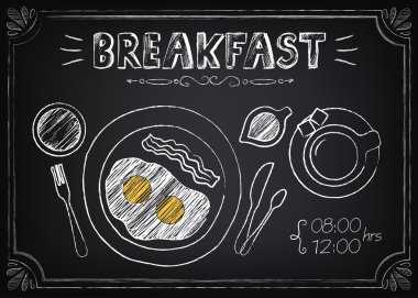 Vintage Poster Breakfast with fried eggs and coffee. Freehand drawing vector Vintage Poster Breakfast with fried eggs and coffee. Freehand drawing vector