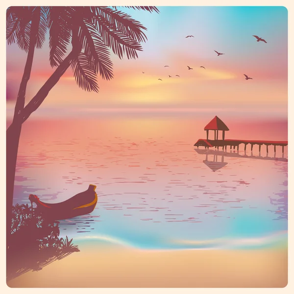 Tarjeta Vintage con una hermosa puesta de sol en una playa tropical — Vector de stock