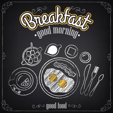 Vintage Poster. Breakfast. Fried eggs, tea. Freehand drawing. Set of sketches vector