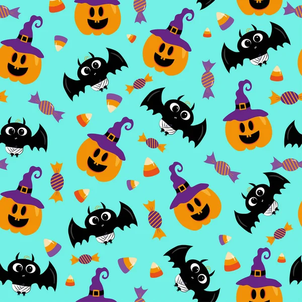 Halloween Bezproblemowy Wzór Projektu Cute Bat Dynia Kapeluszu Czarownicy Cukierki — Wektor stockowy