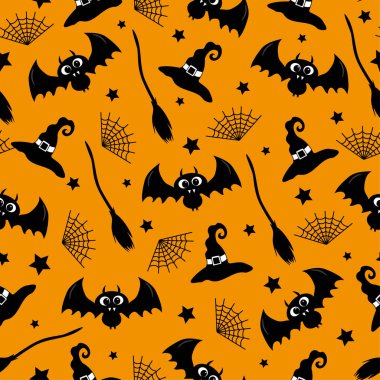 Witch hat, bat, spider web, and broom hand drawn seamless pattern on orange color background for Halloween. vector Witch hat, bat, spider web, and broom hand drawn seamless pattern on orange color background for Halloween. vector