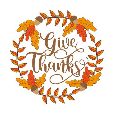 Teşekkür et - sonbahar meşe yaprakları ve palamut çelengi. Tebrik kartı, poster, şablon, ev dekorasyonu ve diğer hediye tasarımları için iyidir.