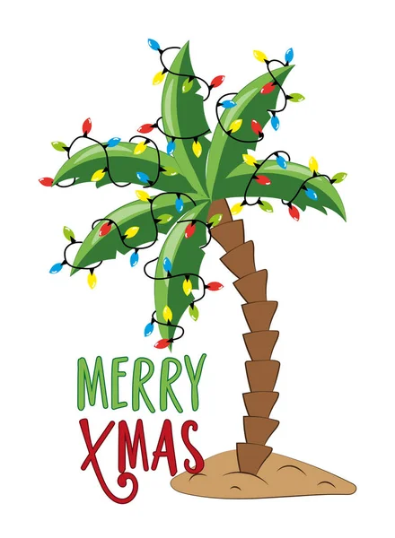Buon Natale Palma Decorata Con Ghirlanda Luci Natalizie Isolata Sfondo — Vettoriale Stock
