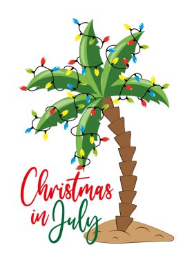 Temmuz 'da Noel' de, Noel ışıklarıyla süslenmiş, beyaz arka planda izole edilmiş bir palmiye ağacı. Tebrik kartı, poster, afiş tekstil baskısı ve diğer hediye tasarımları için iyidir..