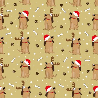 Boynuzlu şirin köpekler ve kemik ve pençe izli Noel Baba şapkası. Tekstil baskısı, ambalaj kağıdı, kapak ve Noel için arka plan için iyidir..