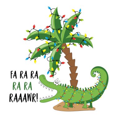 Fa ra ra ra raaawr! Palmiye ağacı yılbaşı ışıklarıyla adada komik bir timsah. Tebrik kartı, poster, etiket, tişört baskısı ve diğer dekorasyonlar için iyi.