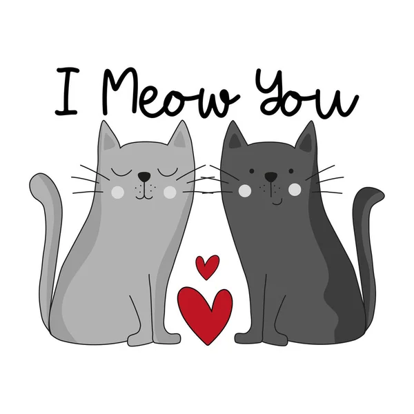 Meow You Cute Hand Drawn Cats Hearts Good Greeting Crad — Stock Vector
