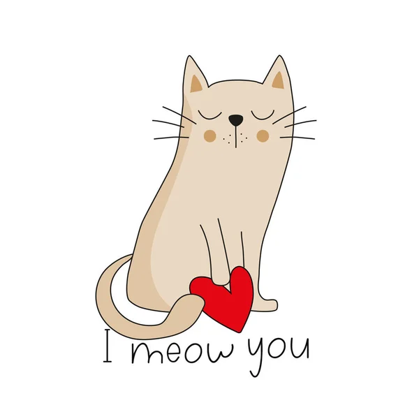 Miagolo Gatto Disegnato Mano Carino Con Cuore Buono Stampa Magliette — Vettoriale Stock