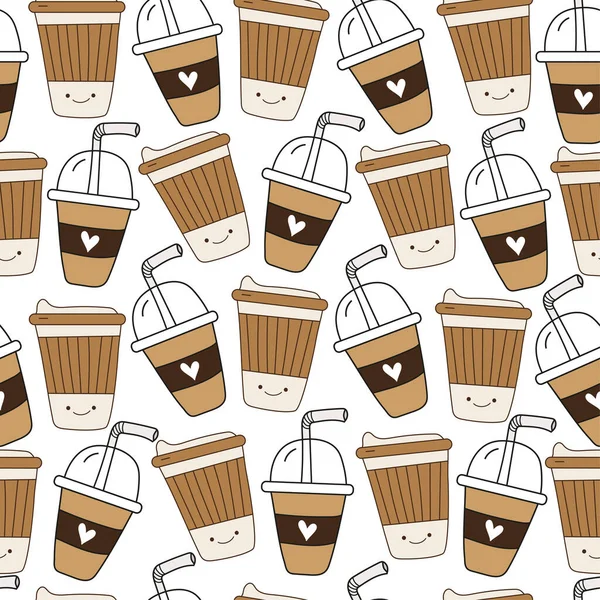 Smiley coffee cups seamless pattern - cute hand drawn take away coffee cups. Good for wrapping paper, textile print, wall paper, cover and other decoration.