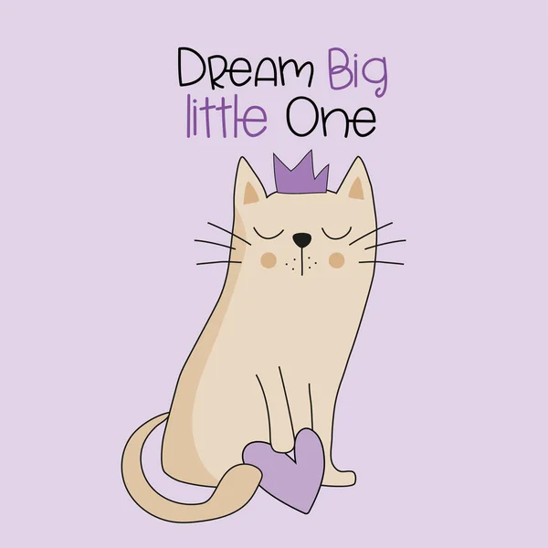 Мечтать Большой Маленький Милый Ручной Нарисованный Кот Короне Хорошо Подходит — стоковый вектор