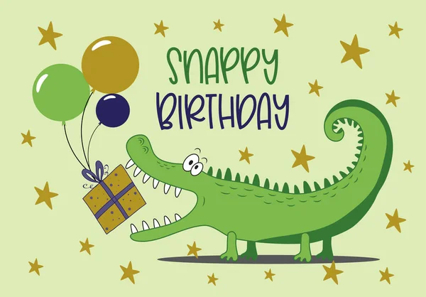 Snappy Anniversaire Drôle Alligator Avec Des Ballons Cadeau Anniversaire Bon — Image vectorielle