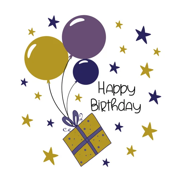 Happy Birthday Handgezeichnetes Geburtstagsgeschenk Mit Luftballons Und Sternen Gut Für — Stockvektor