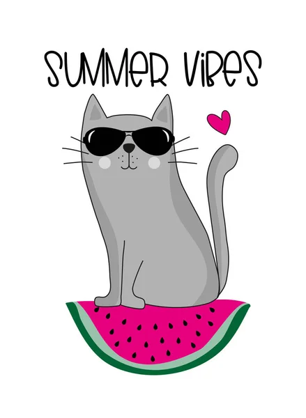 Summer Vibes Karpuz Diliminde Havalı Bir Kedi Tişört Baskısı Poster — Stok Vektör