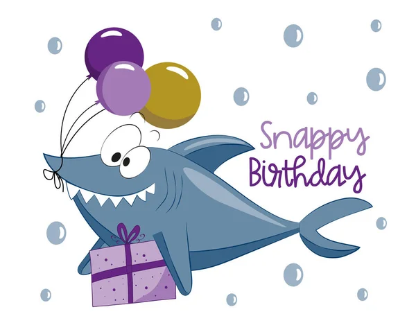 Snappy Anniversaire Accueil Heureux Avec Requin Mignon Avec Anniversaire Peresent — Image vectorielle