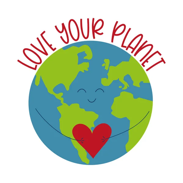 爱你的星球 可爱的微笑的地球与心脏 适用于贺卡 标签等礼品的设计 — 图库矢量图片