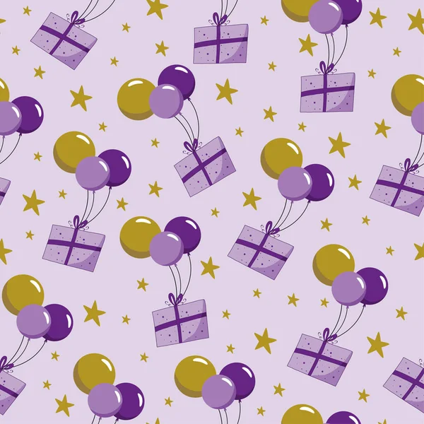 Geburtstagsgeschenke Mit Luftballons Mit Nahtlosem Muster Auf Lila Hintergrund Gut — Stockvektor