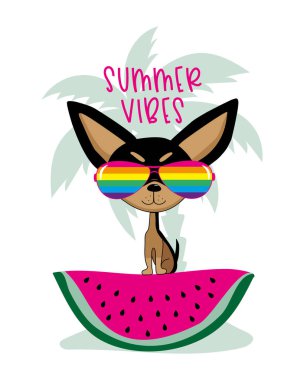 Summer Vibes. Karpuz dilimli harika bir chihuahua sosisi. Tişört baskısı, poster, kart, etiket, kupa ve diğer hediye tasarımları için iyidir..