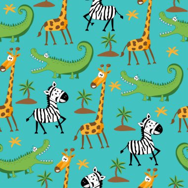 Safari pürüzsüz desen - komik zebra, zürafa ve timsah eli çizilmiş vektör çizimi. Tekstil baskısı, tişört, poster, ambalaj ve duvar kağıdı tasarımı için iyidir..