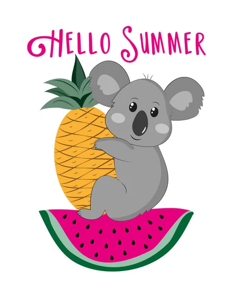 Hello Summer Cute Koala Bear Armelon Pineapple Хорошо Подходит Принта — стоковый вектор