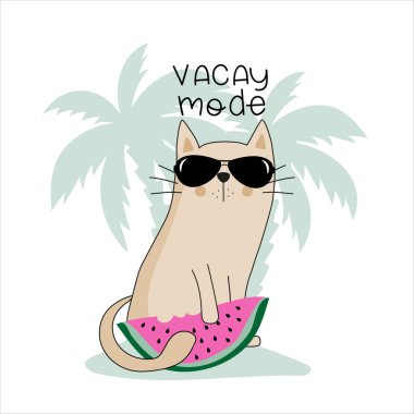Vacay modu - karpuz dilimli havalı kedi. Tişört baskısı, poster, kart, etiket, seyahat dizaynı için iyi.