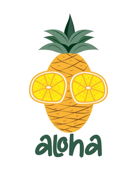 Aloha Ručně Kreslený Ananas Citronových Slunečních Brýlích Vhodné Pro Potisk — Stockový vektor