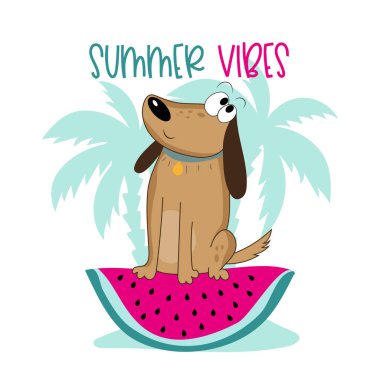 Summer Vibes, karpuz diliminde şirin bir köpek. Tişört baskısı, poster, kart, etiket, kupa ve diğer hediye tasarımları için iyidir..