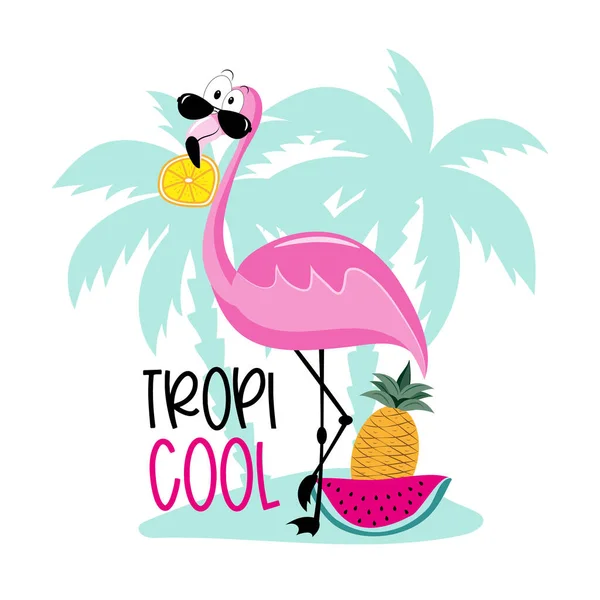 Tropicool Flamingo Engraçado Com Limão Melancia Abacaxi Ilha Bom Para — Vetor de Stock