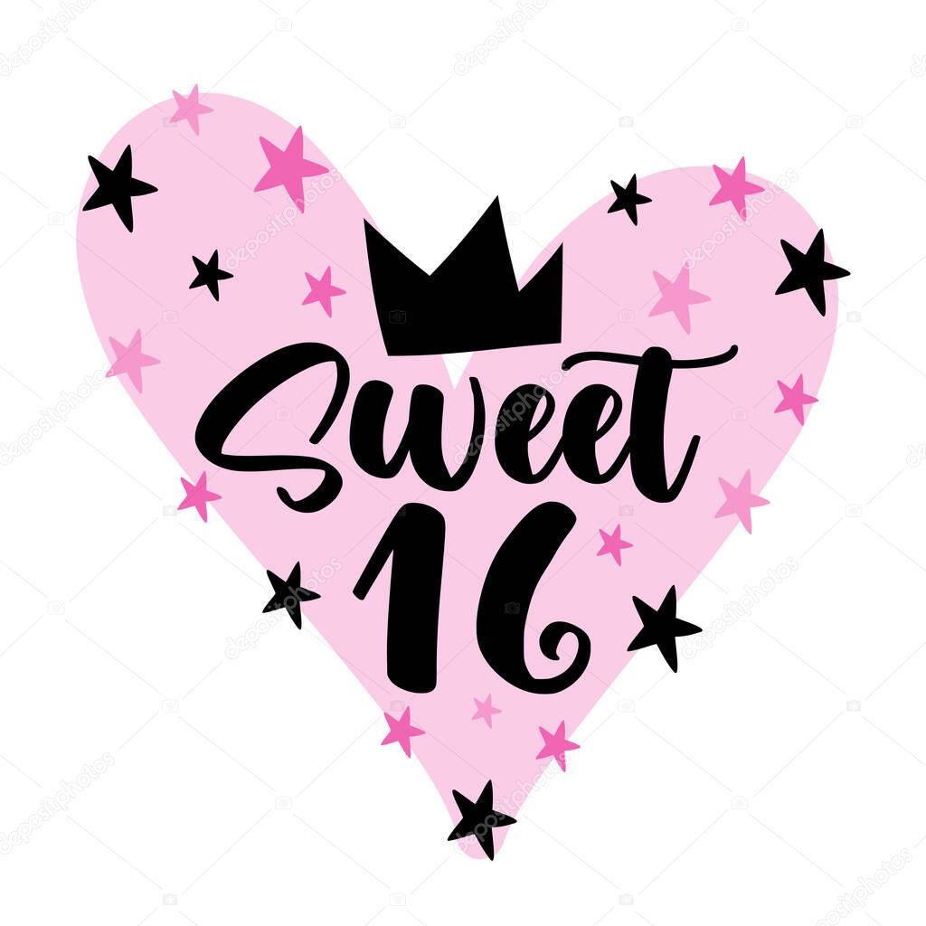 Sweet 16 - decorative greeting with heart, stars, and crown for Birthday.