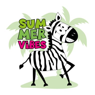 Yaz titreşimleri - adadaki komik karikatür zebra. Tişört baskısı, poster, kart, etiket ve diğer hediye tasarımları için iyidir..