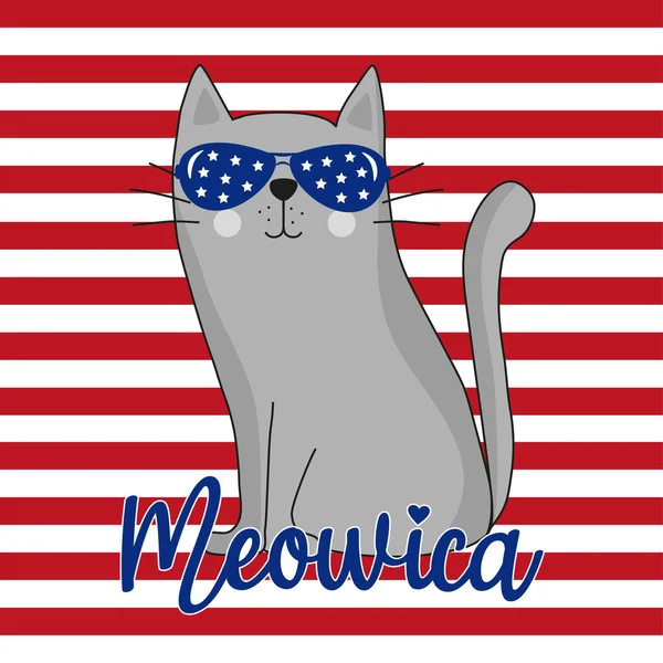 Meowica Funny Cartoon Cat Happy Independence Day Vector Design Illustration — Image vectorielle