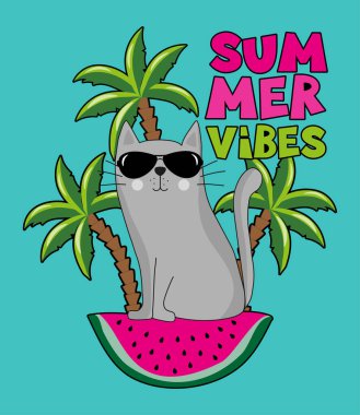 Yaz havası. Karpuz diliminde havalı bir kedi. Tişört baskısı, poster, kart, etiket, seyahat seti için iyi.