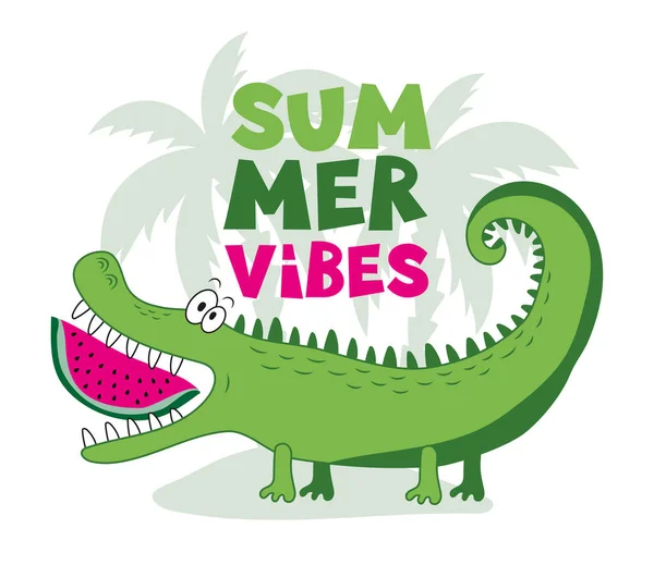 Summer Vibes Komik Timsah Karpuz Dilimli Timsah Bebek Kıyafetleri Poster — Stok Vektör