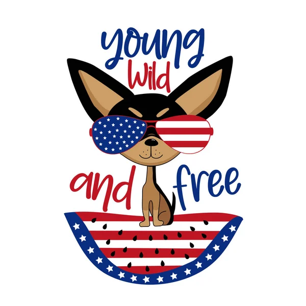Young Wild Free Cute Dog American Sunglasses Happy Independence Day — Image vectorielle