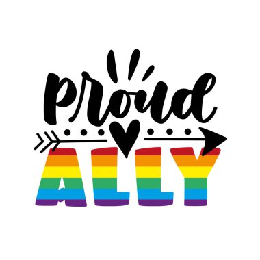 Prud Ally - LGBT gurur sloganı homoseksüel ayrımcılığa karşı. Ok sembollü modern hat sanatı.