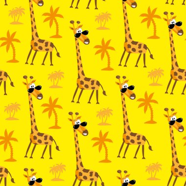 Sarı arka planda kusursuz çizgi film zürafası deseni. Tekstil baskısı, kapak, duvar uygulaması ve ambalaj kağıdı için iyidir..
