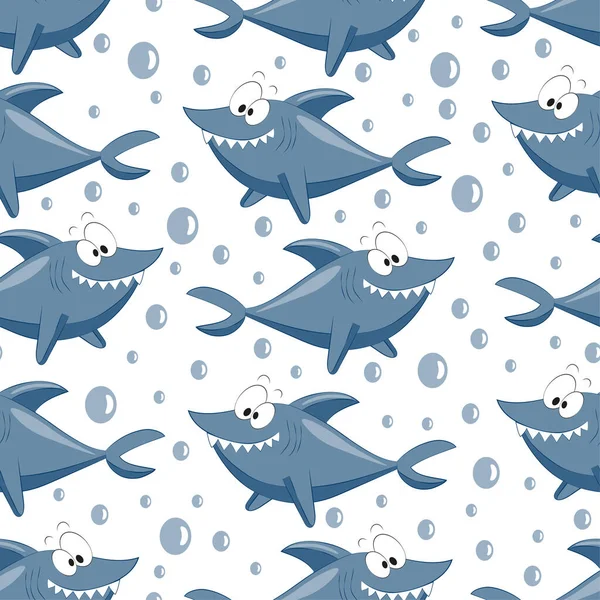 Padrão Sem Costura Tubarão Dos Desenhos Animados Bom Para Impressão — Vetor de Stock