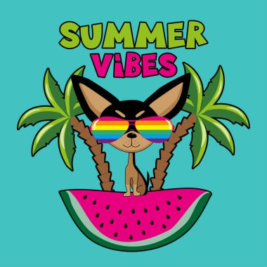 Yaz titreşimleri - karpuz diliminde serin chihuahua sosisi. Tişört baskısı, poster, kart, etiket, seyahat seti için iyi